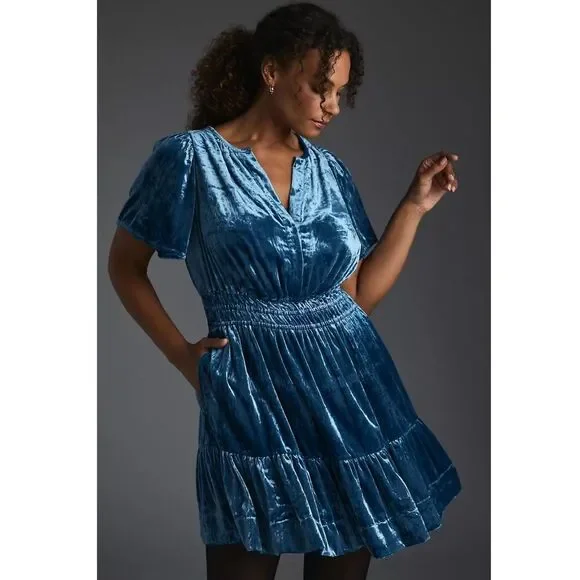 Anthropologie The Somerset Mini Dress: Velvet Edition in Blue Size XXS NWT - Picture 10 of 16